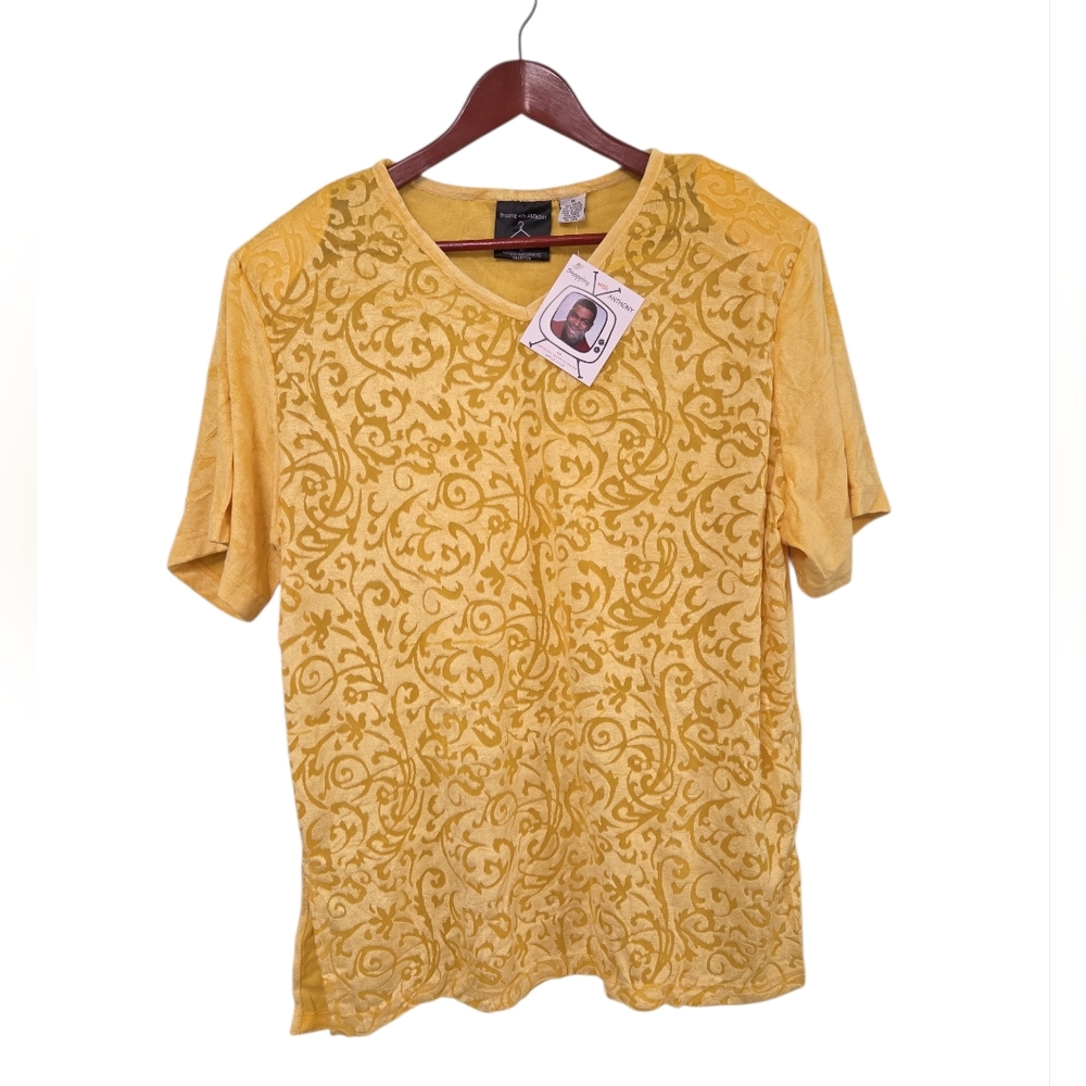 Vintage Anthony Mark Hankins Terry Yellow Gold V Neck Womens Top Size 1X Vibrant